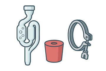 Essential home brewing equipment set featuring airlock, rubber stopper, and tri-clamp