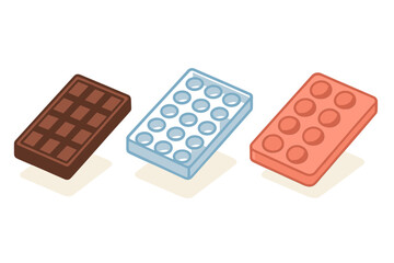 Isometric set of chocolate bar and two different candy molds for confectionery production