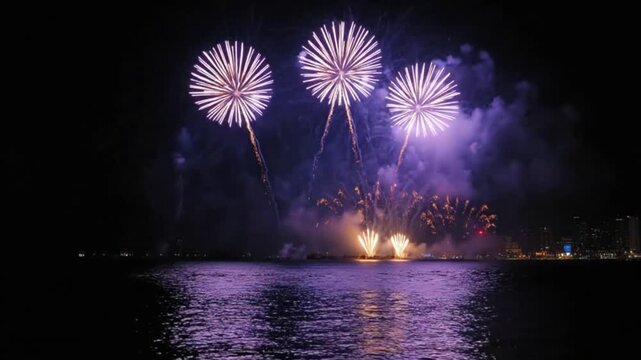 Golden fireworks burst in the dark night sky over a calm body of water, with a modern city skyline illuminated in the distance. The spectacular pyrotechnic display reflects beautifully on the water's 