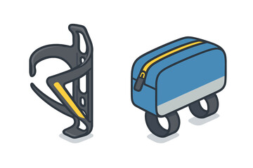 Essential bicycle accessories set featuring a water bottle cage and a small storage bag for carrying cycling equipment and tools