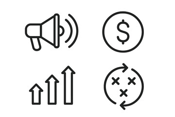 Essential business and marketing line icons covering finance, growth, and strategy