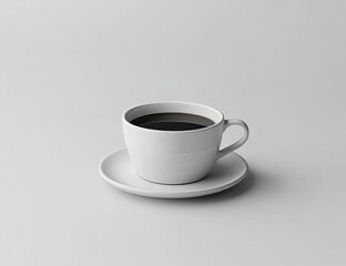 White cup of dark coffee, saucer, simple minimalist setup