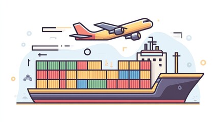 Cargo plane flies over a container ship