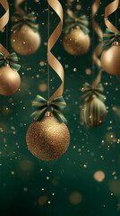 Luxury Green and Gold Christmas Vertical Banner with Baubles and Ribbons for Social Media Stories