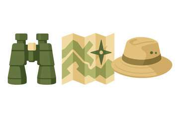Classic exploration equipment set featuring binoculars, a folded map, and a safari hat © Alan