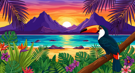 Vibrant tropical jungle sunset illustration with a majestic toucan bird perched on a branch by the serene ocean shore © PDWN Creative