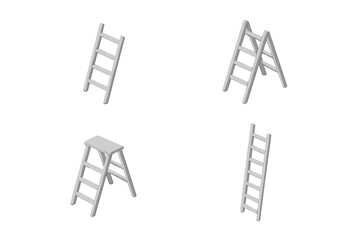 Isometric set of white ladders, stepladders, and step stools for home improvement tasks