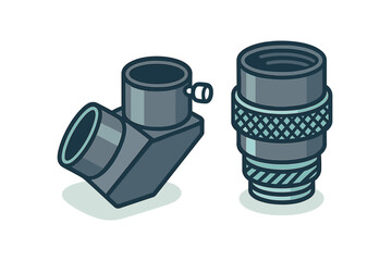 Two separate metal pipe fittings: an elbow joint and a straight threaded adapter