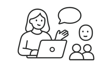 Woman communicating online with group using laptop and speech bubble