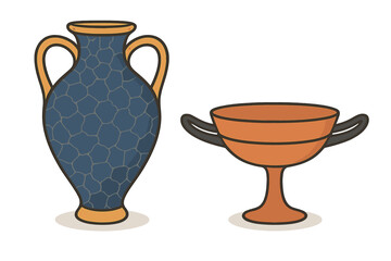 Ancient Greek ceramic pottery amphora and kylix isolated objects