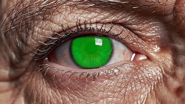 Close-up of a human eye with a green screen cornea, showing detailed wrinkles and a shallow depth of field, conveying a clinical and medical mood against a clean background.