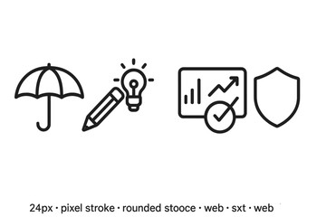 Set of business strategy icons including protection, idea, and growth chart