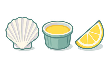 Scallop shell, melted butter sauce, and fresh lemon wedge for seafood meal