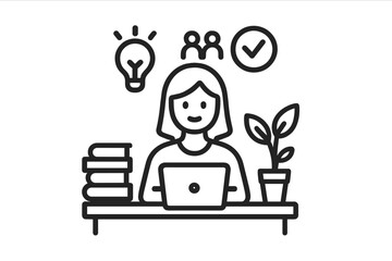 Female professional working at desk with laptop and business concept icons