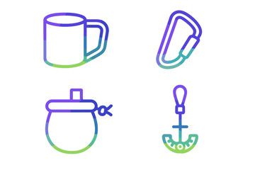 Outdoor adventure equipment set featuring mug, carabiner, cooking pot, and anchor symbols
