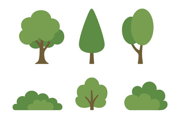 Collection of stylized green trees and bushes in various shapes for nature and environment design