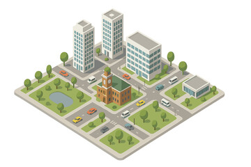 Isometric city block with modern buildings and historic structure