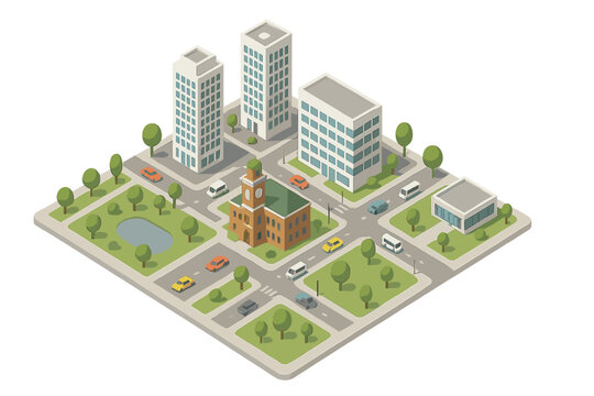 Isometric city block with modern buildings and historic structure