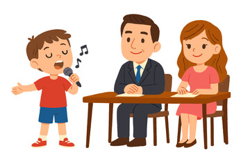 Young boy singing into microphone before panel of judges