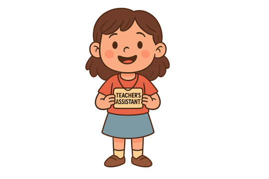 Cheerful elementary student holding a Teacher's Assistant identification badge