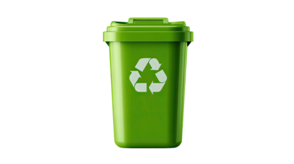 Green plastic recycle bin or trash can isolated on a white background, representing environmental waste management