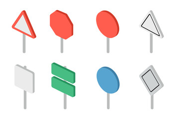 Isometric collection of blank traffic and road signs on posts © icon_art