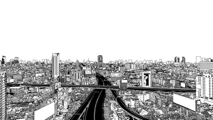 Ink drawing of Bangkok city skyline