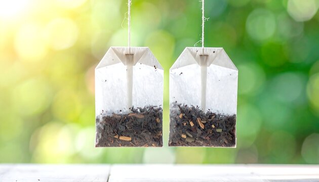 Two rectangular, translucent paper bags filled with loose tea hang suspended against a blurred green backdrop. Warm sunlight filters in
