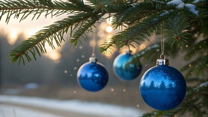 Glimmering Blue Baubles: Festive Sparkle on a Pine Branch
Electric Blue Christmas: A Close-up on Holiday Ornaments and Bokeh Lights