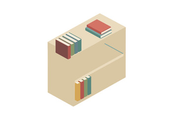 Isometric small wooden bookshelf with colorful books on white background