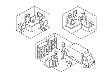 Isometric logistics operations with warehouse workers and delivery truck