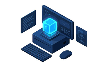 Isometric server hardware unit with glowing data cube and floating interface screens