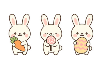 Three cute cartoon white bunnies holding sweet treats and decorated egg