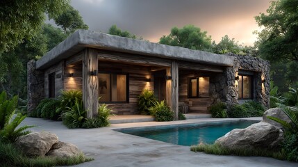 Cozy architectural rendering of modern house with pool and parking area, wooden cladding design, soft exterior lighting, summer night stars above.