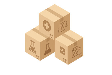 Isometric medical supply boxes with healthcare icons and shipping symbols