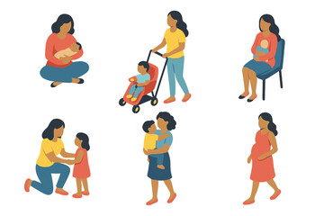 Collection of diverse mothers caring for children across different life stages