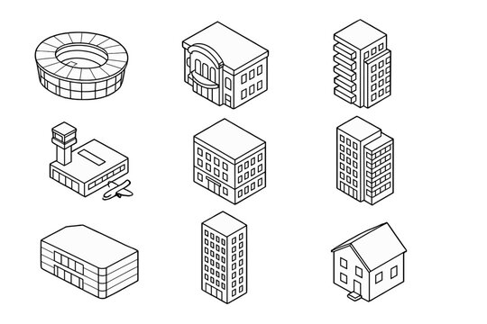 Set of nine isometric outline icons for various urban and public structures