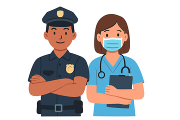 Police officer and nurse standing together with arms crossed