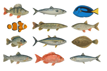 Fototapeta premium Twelve different types of fish isolated on white background