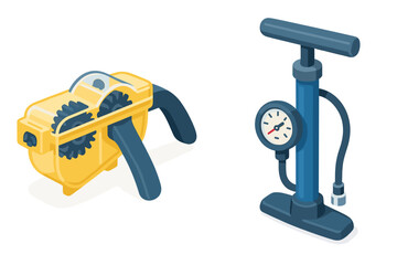 Bicycle maintenance tools set including chain cleaner and floor pump with pressure gauge