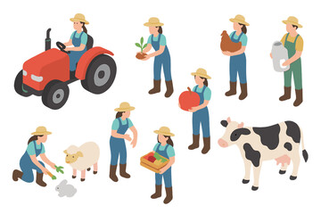 Diverse farmers working with agricultural machinery and livestock in isometric view