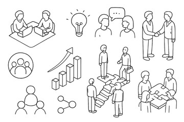 Business concept icons featuring teamwork and growth symbols
