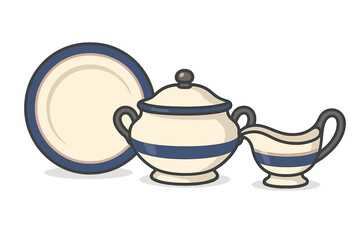 Classic ceramic dinnerware set with plate, soup tureen, and gravy boat featuring blue stripes
