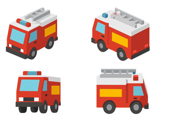 Four isometric low poly fire trucks shown from different angles