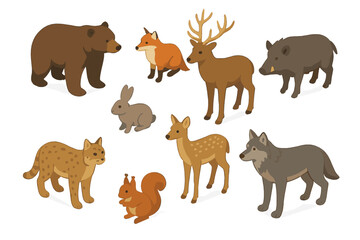 Isometric icons of various forest and woodland animals in a collection