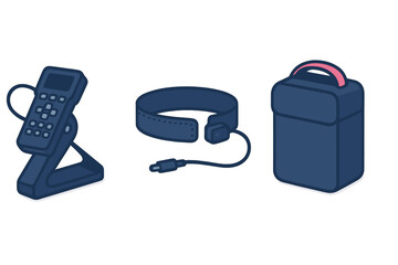Set of modern electronic gadgets: remote control, wearable sensor band, and portable storage case