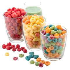 Colorful cereals in a glass or isolated on white background