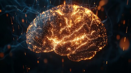 Glowing brain illustration with intricate lines and vibrant sparks illuminating the dark background