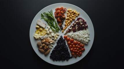 Healthy food platter featuring a variety of fresh ingredients and textures arranged aesthetically on a white plate