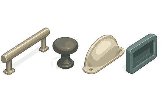 Isometric assortment of cabinet and drawer hardware pulls and knobs